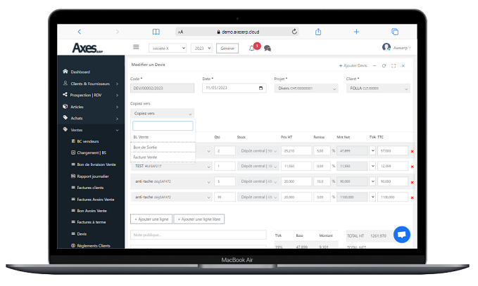 Dashboard Axes erp