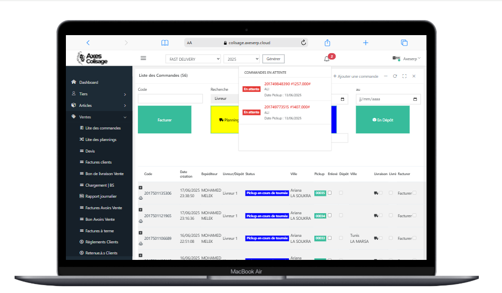 Notification des nouveaux commandes Axes erp